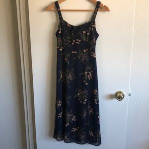 Reformation-esque floral navy dress with side slit